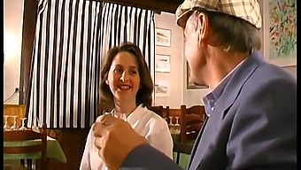 French Brunette Enjoys Threesome In Restaurant With Voyeurous Papy